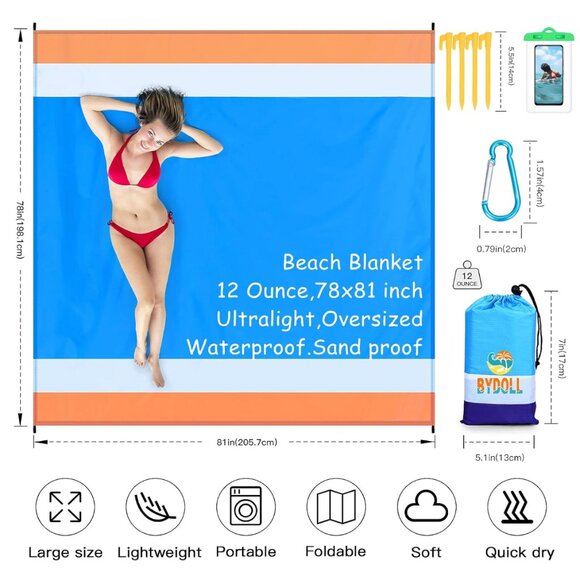 Big Beach Blanket for 1-4 adults Sandproof Waterproof 78''X81'' - Picture 2 of 6